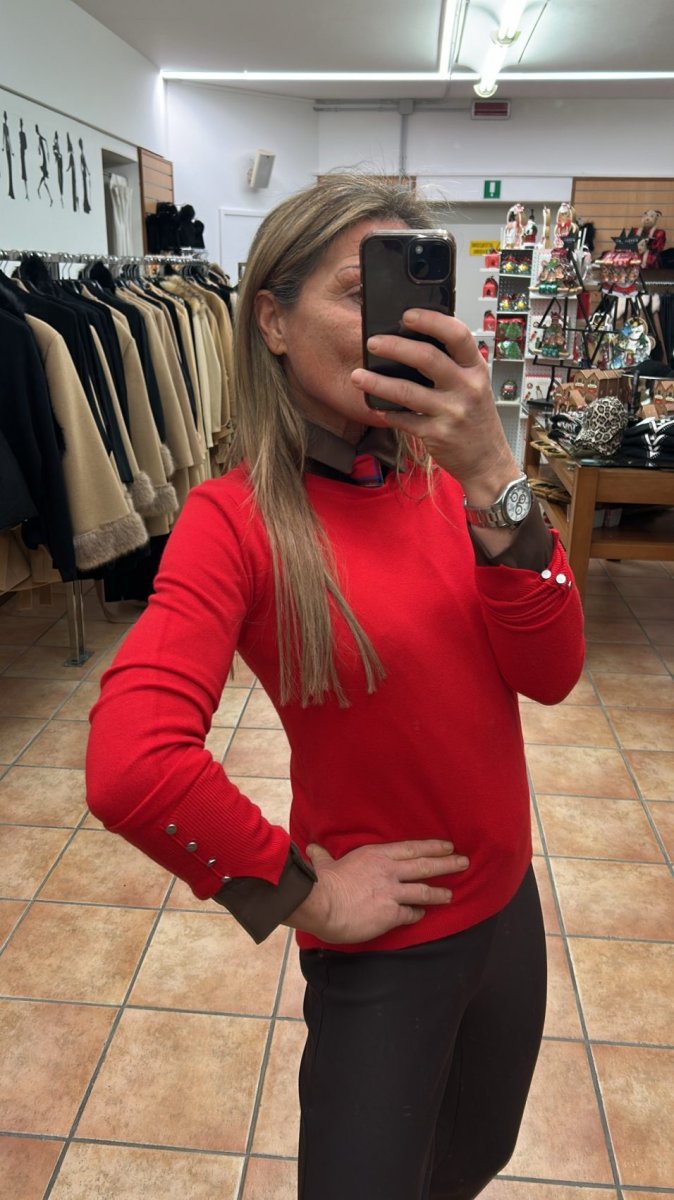 MAGLIONE BASICO BOTTONCINI POLSO ROSSO