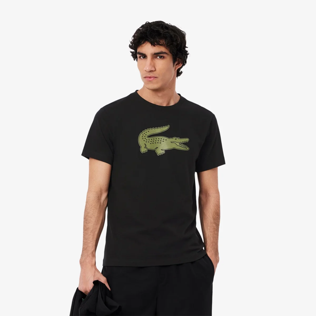 LACOSTE T-Shirt con Maxi Logo Centrale in Cotone NeroVerde Cachi - immagine 2